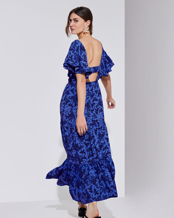 Ruffled Open Back Printed Midi Dress