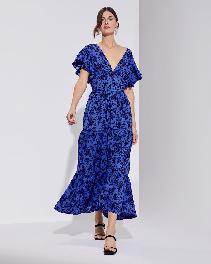 Ruffled Open Back Printed Midi Dress