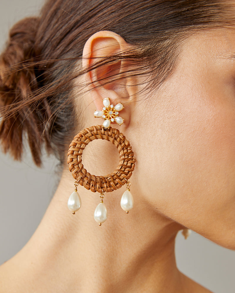 Pearl Drop Rattan Hoop Earrings