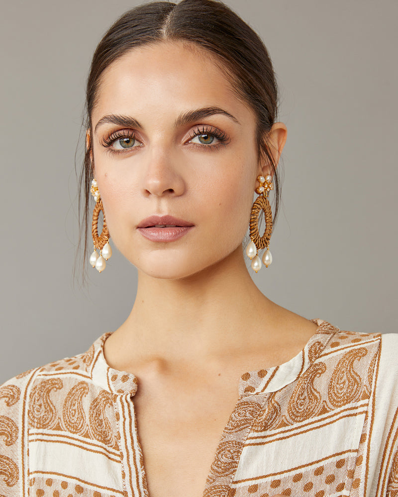 Pearl Drop Rattan Hoop Earrings